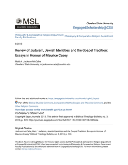Review of Judaism, Jewish Identities and the Gospel Tradition: Essays in Honour of Maurice Casey