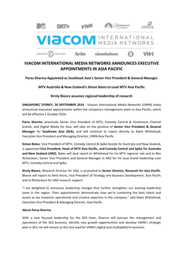 Viacom International Media Networks Announces Executive Appointments in Asia Pacific