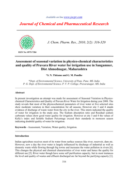 Assessment of Seasonal Variation in Physico-Chemical Characteristics and Quality of Pravara River Water for Irrigation Use in Sangamner, Dist Ahmednagar, Maharashtra