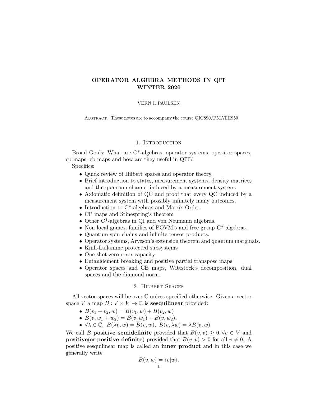 OPERATOR ALGEBRA METHODS in QIT WINTER 2020 1. Introduction