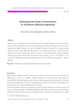Anthropometric Study of Nasal Index of the Kosovo Albanian Population