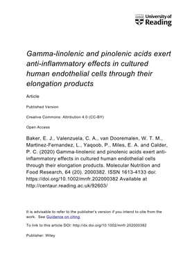 Gamma-Linolenic and Pinolenic Acids Exert Anti-Inflammatory Effects in Cultured Human Endothelial Cells Through Their Elongation Products