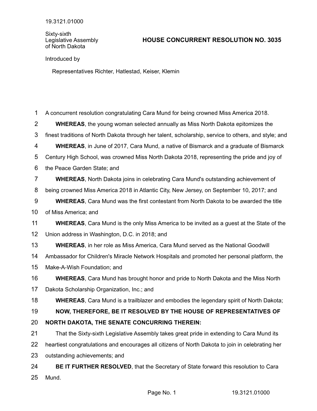 HOUSE CONCURRENT RESOLUTION NO. 3035 of North Dakota