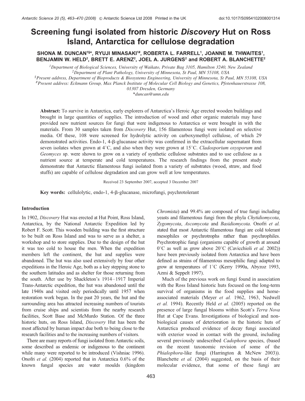 Screening Fungi Isolated from Historic Discovery Hut on Ross Island, Antarctica for Cellulose Degradation SHONA M