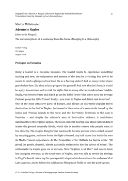 Martin Mittelmeier Adorno in Naples [Adorno in Neapel] the Metamorphosis of a Landscape from the Focus of Longing to a Philosophy