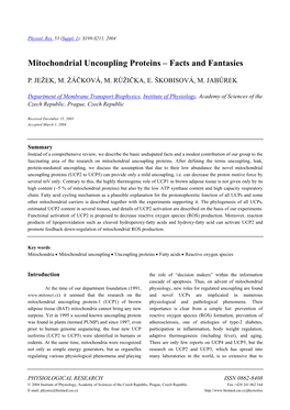 Mitochondrial Uncoupling Proteins – Facts and Fantasies