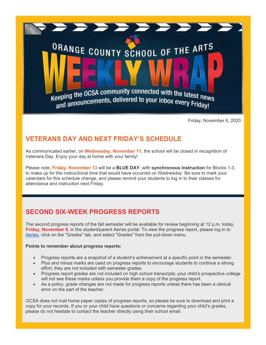 Veterans Day and Next Friday's Schedule Second