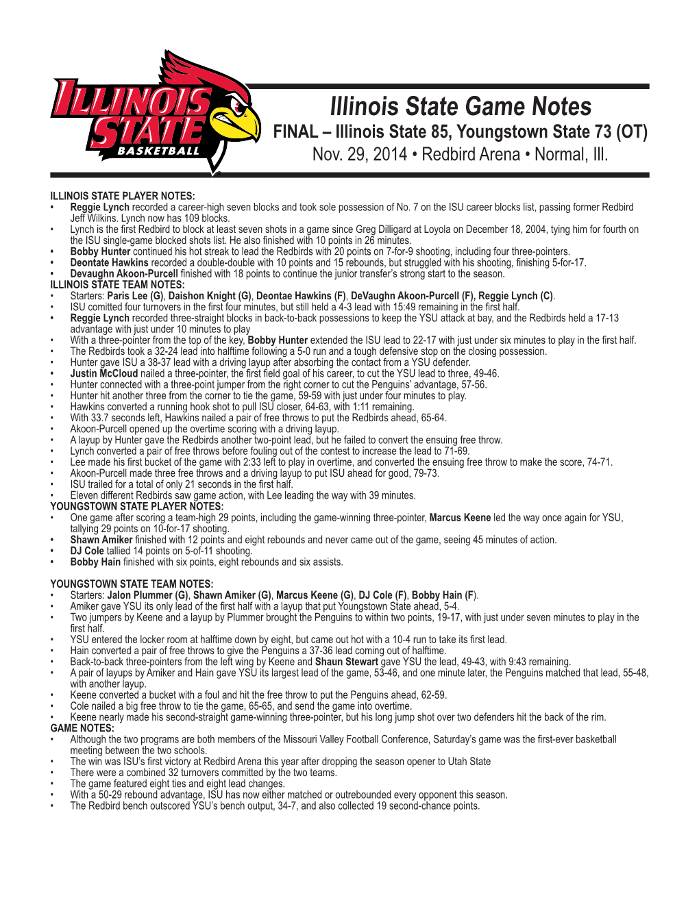 Illinois State Game Notes FINAL – Illinois State 85, Youngstown State 73 (OT) Nov