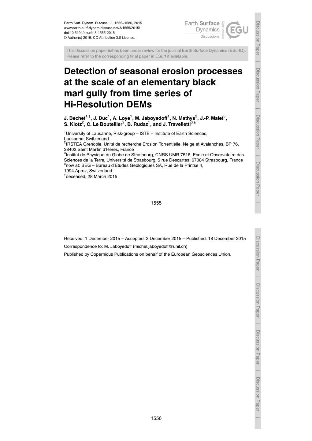 Detection of Seasonal Erosion Processes at the Scale of Anmarl Elementary Gully Black from Time Serieshi-Resolution of Dems J