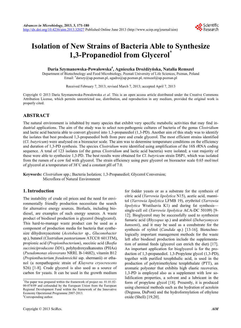 Isolation of New Strains of Bacteria Able to Synthesize 1, 3-Propanediol from Glycerol