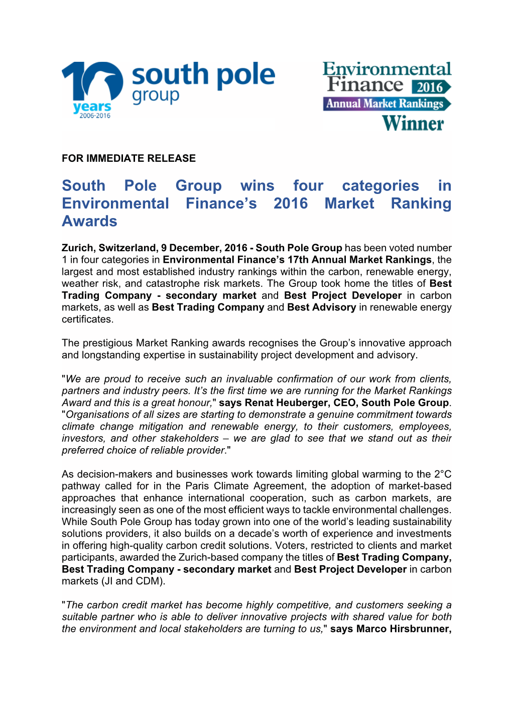 South Pole Group Wins Four Categories in Environmental Finance's 2016