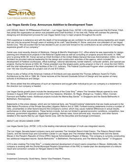 Las Vegas Sands Corp. Announces Addition to Development Team