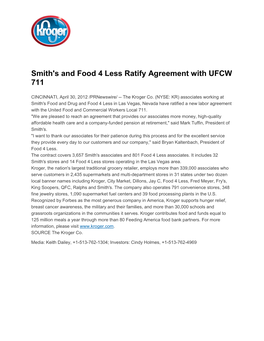 Smith's and Food 4 Less Ratify Agreement with UFCW 711