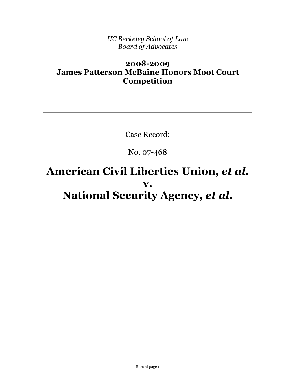 American Civil Liberties Union, Et Al. V. National Security Agency, Et Al