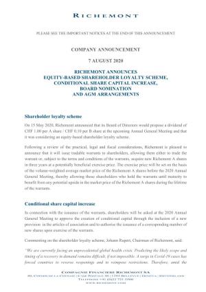 Company Announcement Dated 7 August 2020