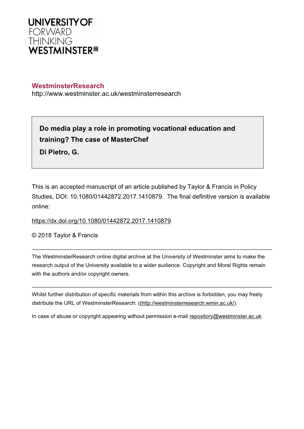 Westminsterresearch Do Media Play a Role in Promoting Vocational Education and Training? the Case of Masterchef Di Pietro, G