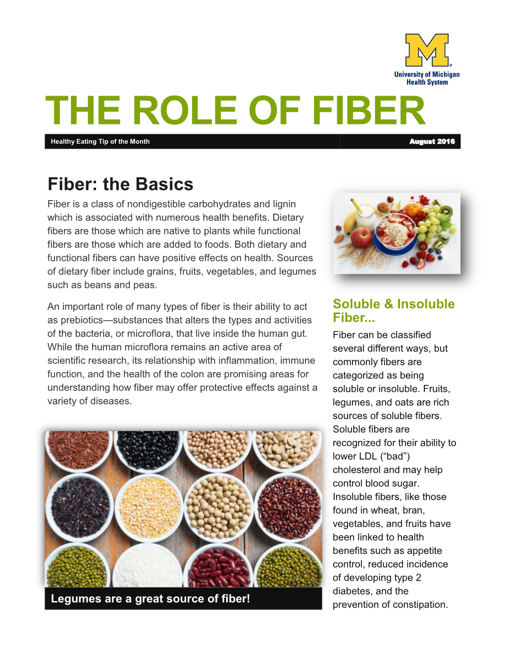 THE ROLE of FIBER Healthy Eating Tip of the Month August 2016