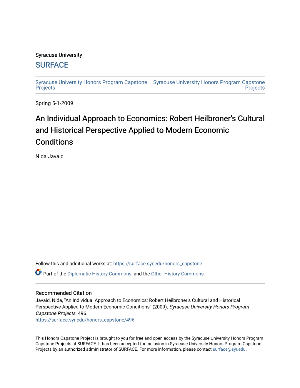 An Individual Approach to Economics: Robert Heilbronerâ•Žs Cultural And