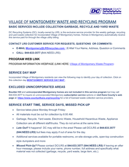 Village of Montgomery Waste and Recycling Program Basic Services Include Collection Garbage, Recycle and Yard Waste
