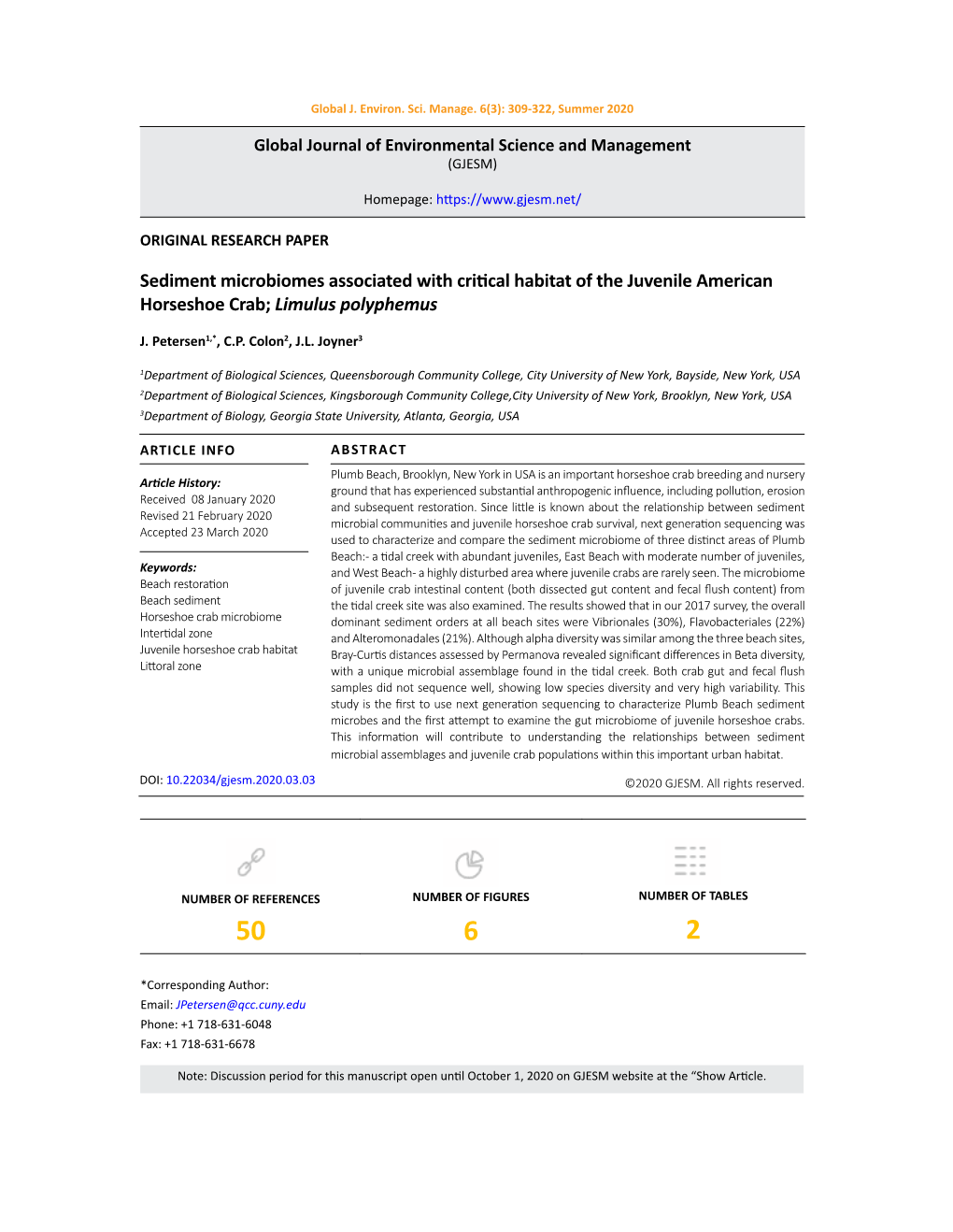 Sediment Microbiomes Associated with Critical Habitat of the Juvenile American Horseshoe Crab; Limulus Polyphemus