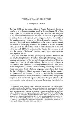 POLIZIANO's LAMIA in CONTEXT Christopher S. Celenza The