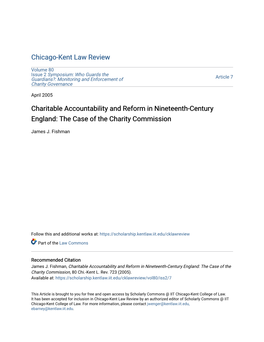 Charitable Accountability and Reform in Nineteenth-Century England: the Case of the Charity Commission
