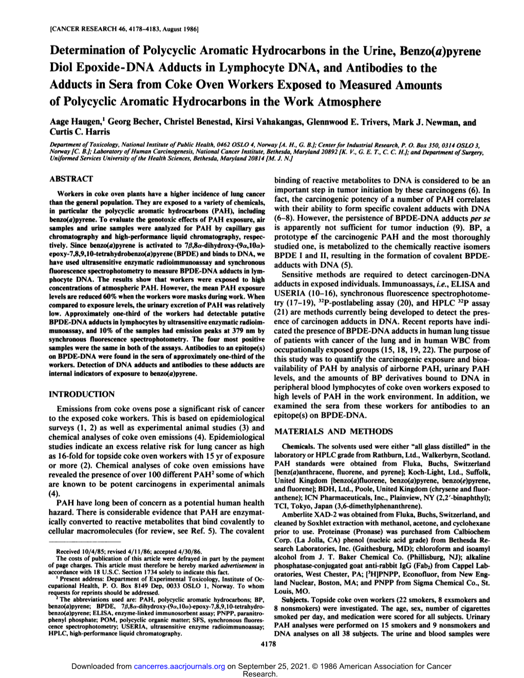 Determination of Polycyclic Aromatic Hydrocarbons in the Urine, Benzo(A