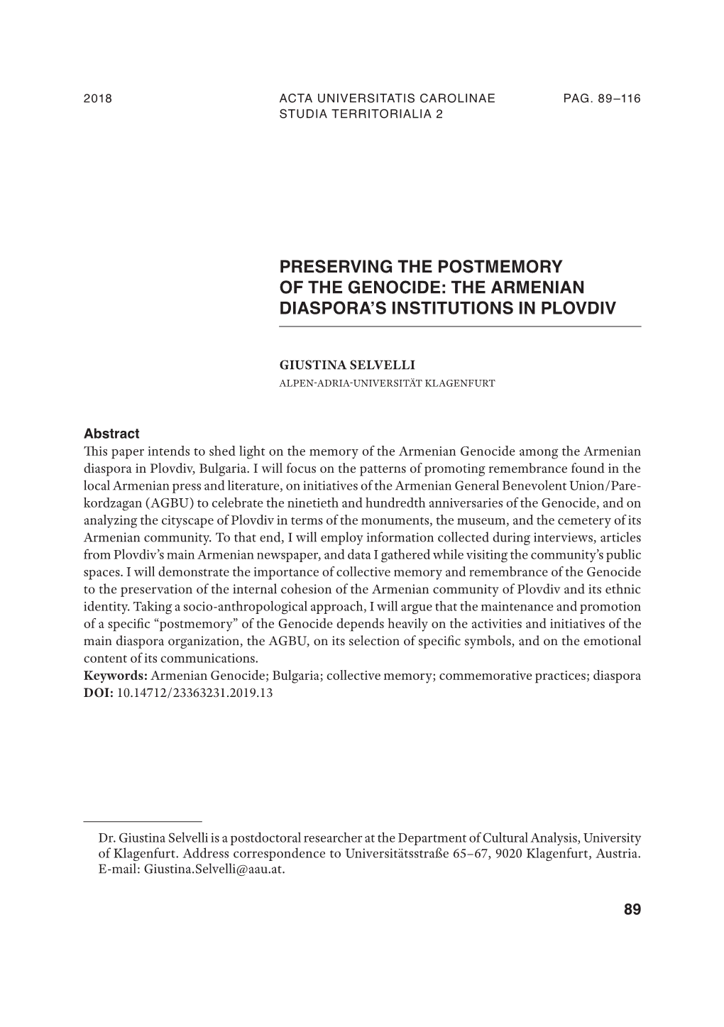 The Armenian Diaspora's Institutions in Plovdiv