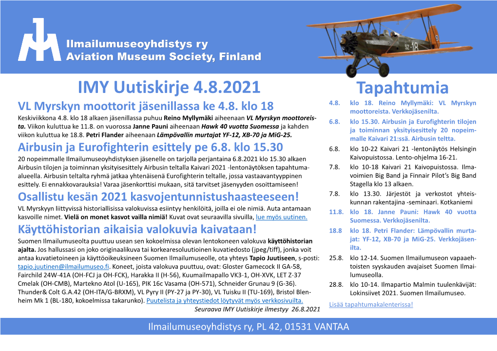 Tapahtumia IMY Uutiskirje 4.8.2021