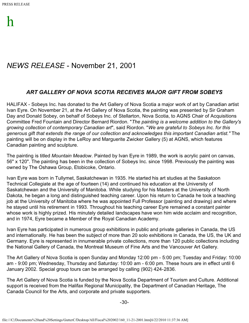 PRESS RELEASE H