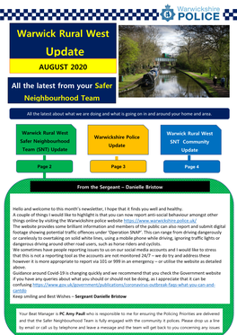Warwick Rural West Update AUGUST 2020 All the Latest from Your Safer