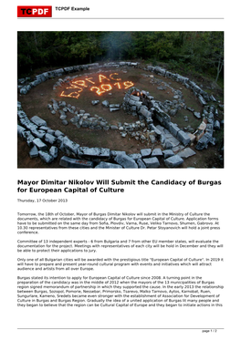Mayor Dimitar Nikolov Will Submit the Candidacy of Burgas for European Capital of Culture