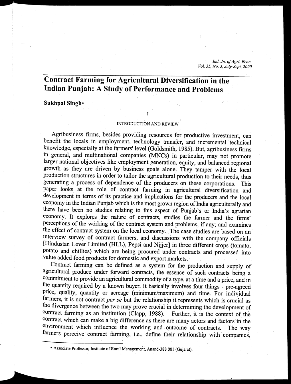 Contract Farming for Agricultural Diversification in the Indian Punjab: a Study of Performance and Problems