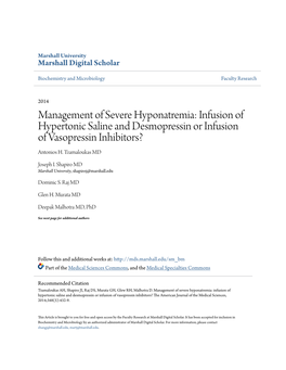 Management of Severe Hyponatremia: Infusion of Hypertonic Saline and Desmopressin Or Infusion of Vasopressin Inhibitors? Antonios H