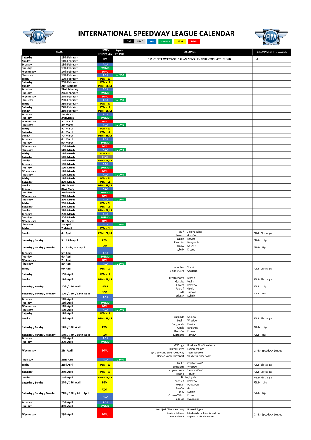 International Speedway League Calendar Fim Fime Acu Svemo Pzm Dmu