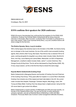 ESNS Confirms First Speakers for 2020 Conference