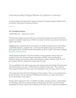 International Men's Rugby Returns to Langford in February