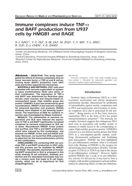 Immune Complexes Induce TNF-Α and BAFF Production from U937 Cells by HMGB1 and RAGE Tory Mediators8,9