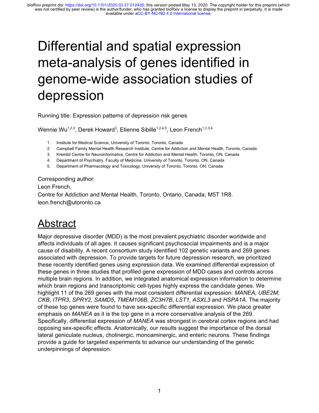 Differential and Spatial Expression Meta-Analysis of Genes Identified in Genome-Wide Association Studies of Depression