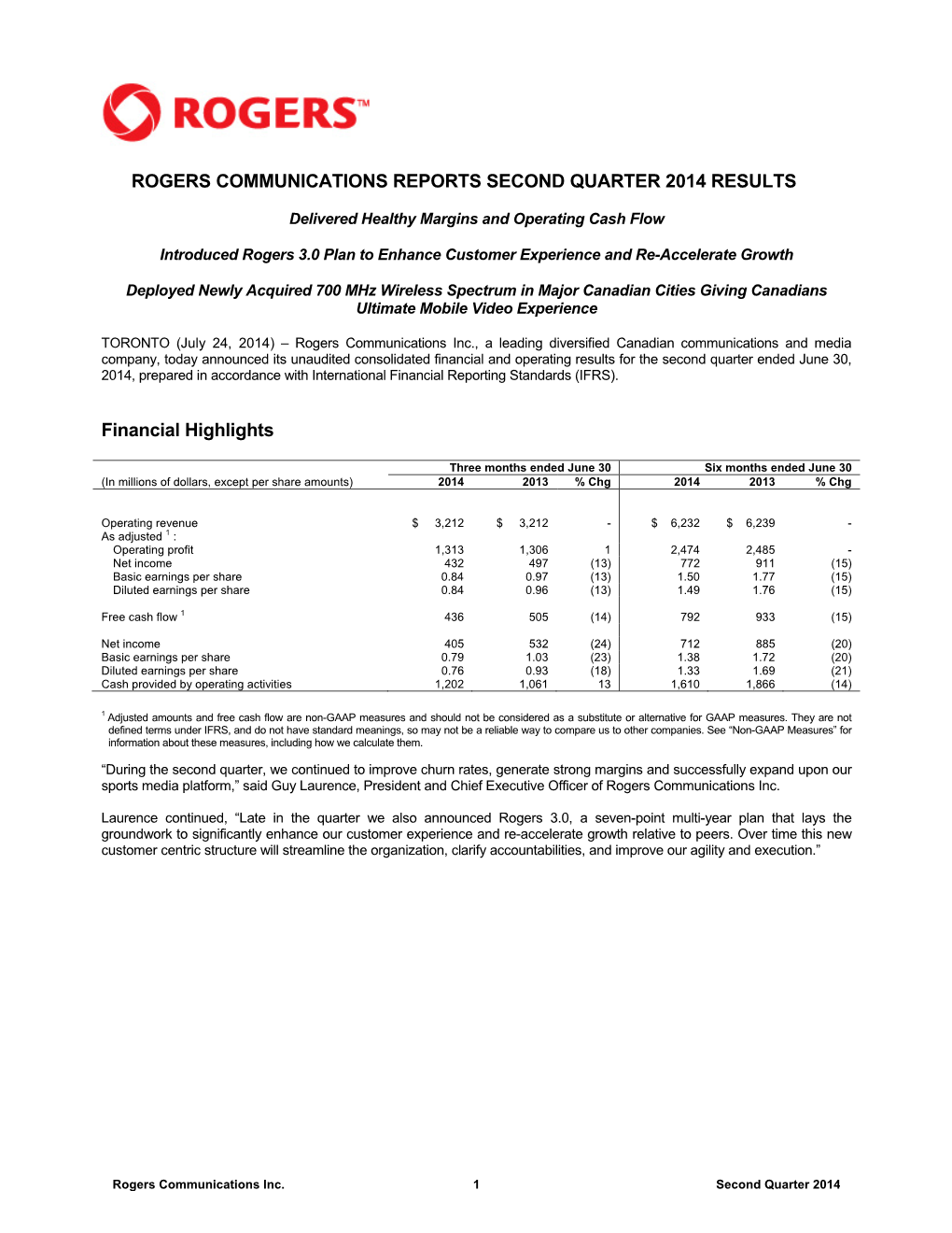 Rogers Communications Reports Second Quarter 2014 Results