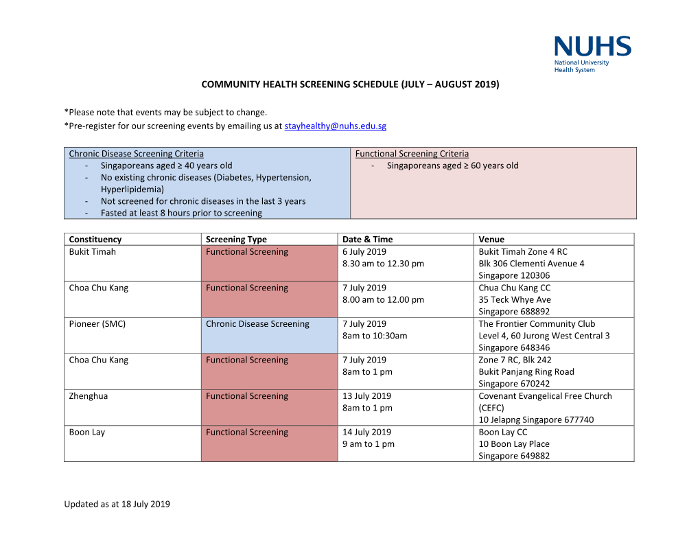 Community Health Screening Schedule (July – August 2019)