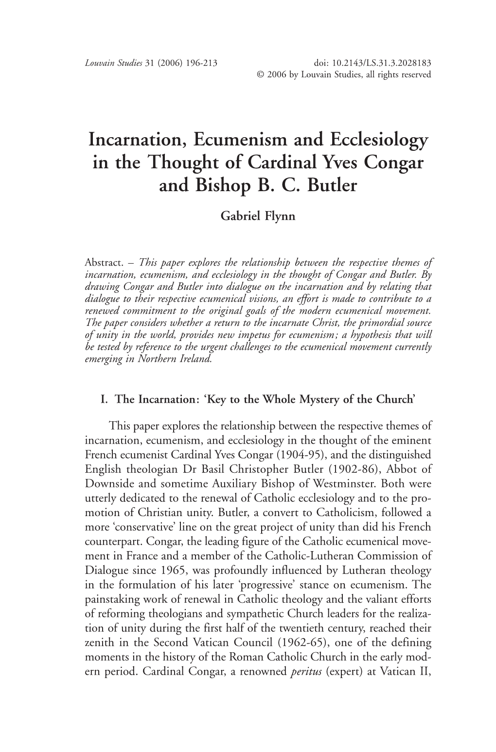 Incarnation, Ecumenism and Ecclesiology in the Thought of Cardinal Yves Congar and Bishop B