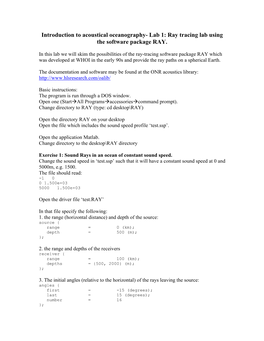 Introduction to Acoustical Oceanography- Lab 1: Ray Tracing Lab Using the Software Package RAY