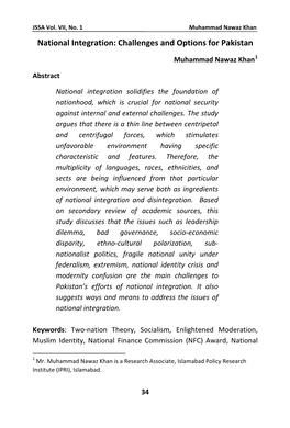 National Integration: Challenges and Options for Pakistan
