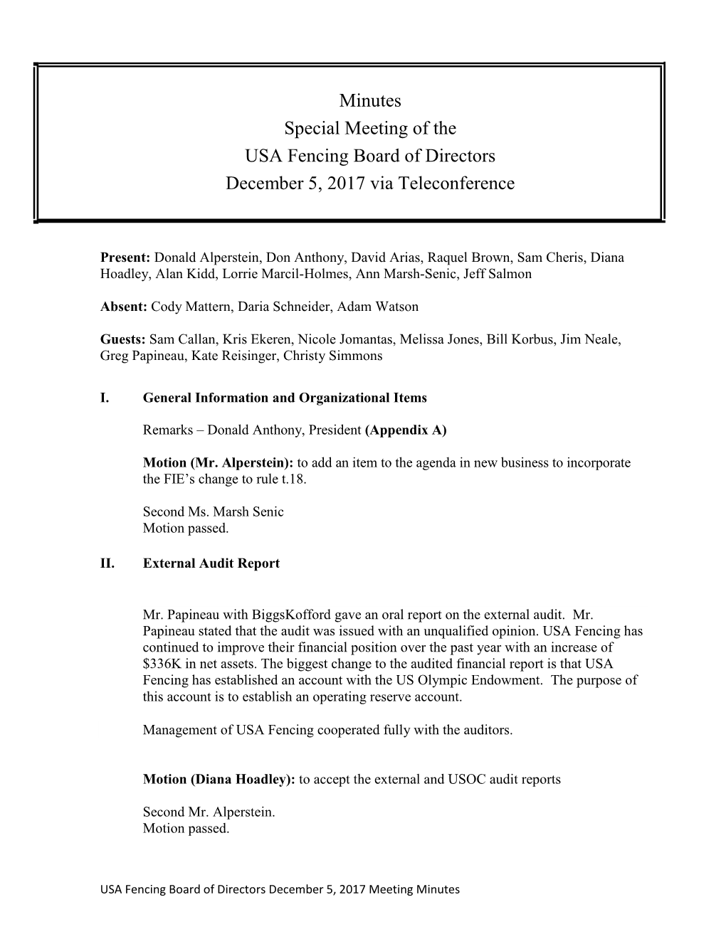 Minutes Special Meeting of the USA Fencing Board of Directors December 5, 2017 Via Teleconference