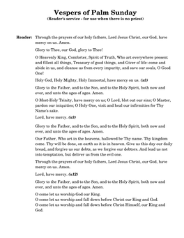 Vespers of Palm Sunday (Reader's Service - for Use When There Is No Priest)