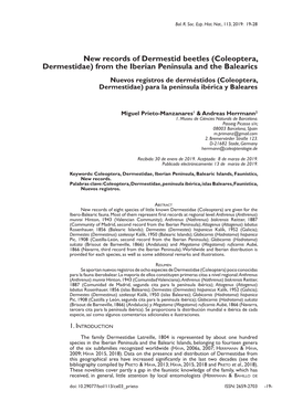 Coleoptera, Dermestidae) from the Iberian Peninsula and the Balearics Nuevos Registros De Derméstidos (Coleoptera, Dermestidae) Para La Peninsula Ibérica Y Baleares