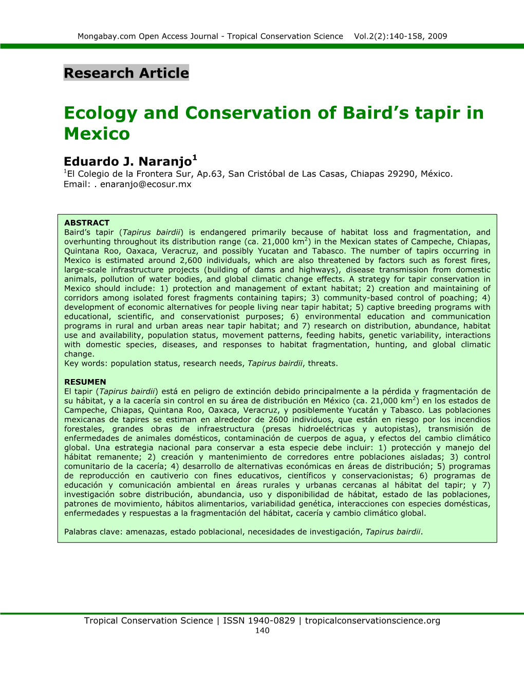 Ecology and Conservation of Baird's Tapir in Mexico