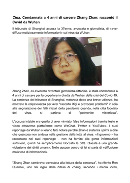 Cina. Condannata a 4 Anni Di Carcere Zhang Zhan: Raccontò Il Covid Da Wuhan