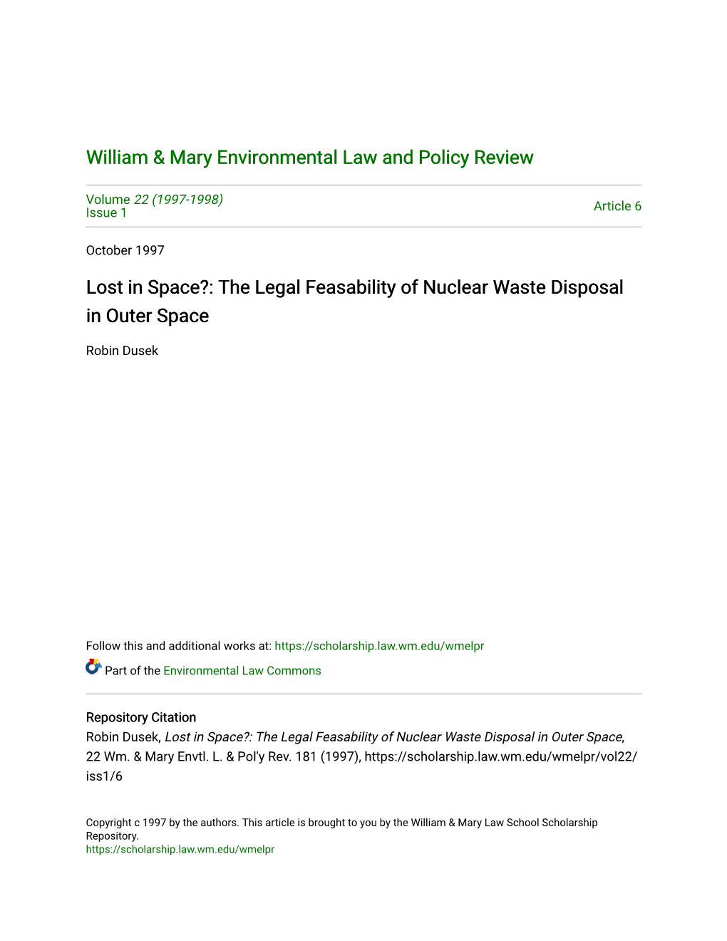 The Legal Feasability of Nuclear Waste Disposal in Outer Space